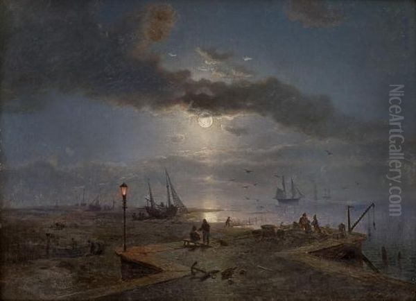 Harbour By Moonlight Oil Painting by Morten Muller