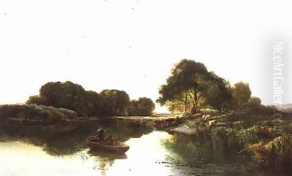 A River Landscape with Anglers Fishing Oil Painting by Edward Charles Williams