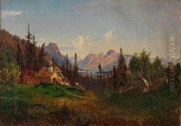 Fjellgard Med Kvinne Og Geiter 1851 Oil Painting by Morten Muller