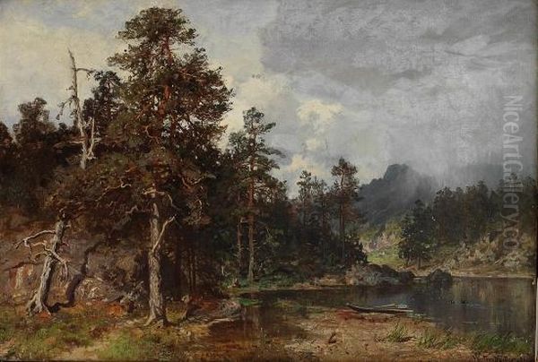 Skogslandskap Med Robat Og Fugler 1888 Oil Painting by Morten Muller