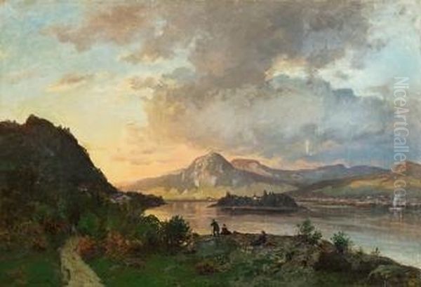 Folkeliv Ved Innsjo 1875 Oil Painting by Morten Muller