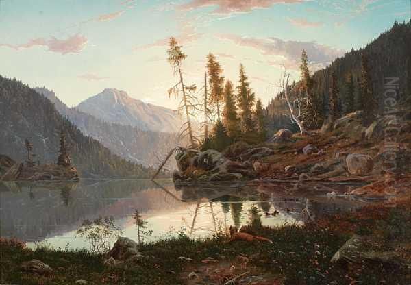 Rev Ved Stille Skogsvann Oil Painting by Morten Muller