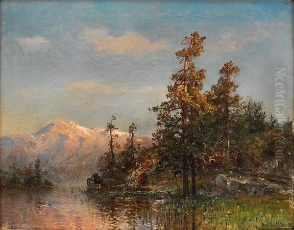 Skogslandskap Med Innsjo 1888 Oil Painting by Morten Muller