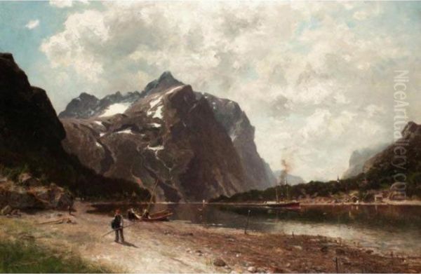 Fishing Boats In A Fjord Oil Painting by Morten Muller