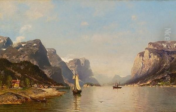 Dampskip Og Seilbat I Fjordlandskap 1878 Oil Painting by Morten Muller