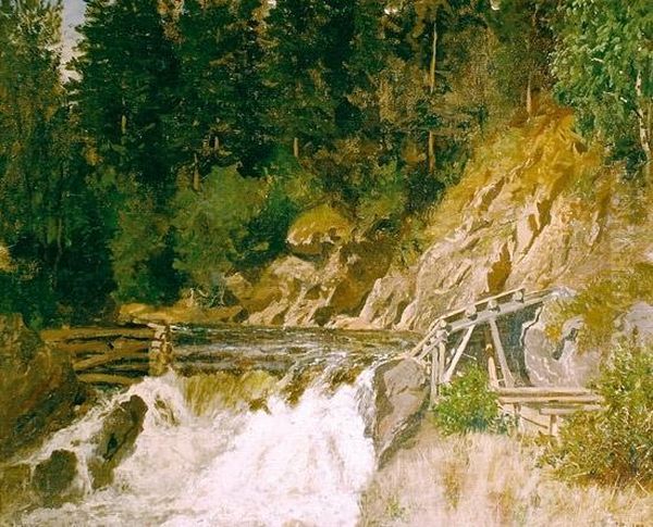 Skogsparti Med Fossefall 1873 Oil Painting by Morten Muller