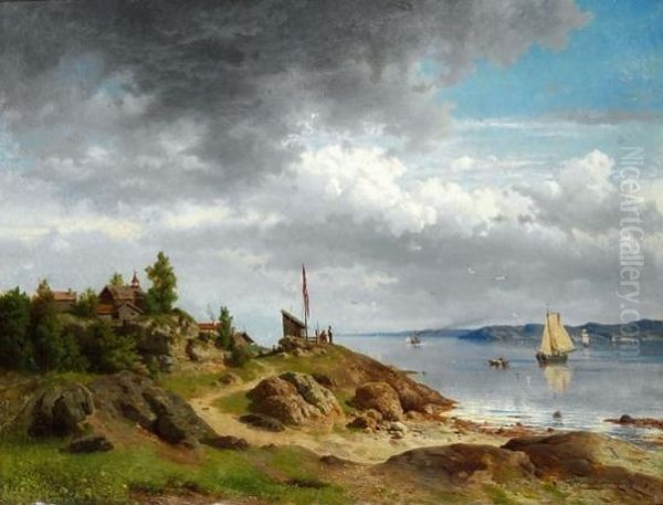 Norsk Kystlandskap Med Folkeliv 1857 1857 Oil Painting by Morten Muller