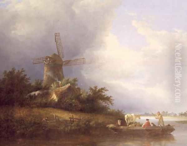 Landscape with Figures in a Boat Oil Painting by Edward Charles Williams