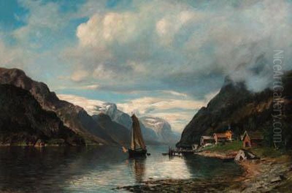 A Sailing Boat In A Rocky Fjord Landscape Oil Painting by Morten Muller