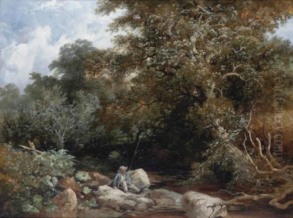 An Angler Beside A Wooded Stream Oil Painting by William James Muller