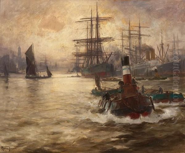 Hamburg Harbour View Oil Painting by Franz Muller-Gossen