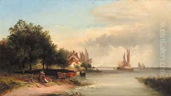 Figures resting by a cottage in an extensive river estuary landscape Oil Painting by Edward Charles Williams