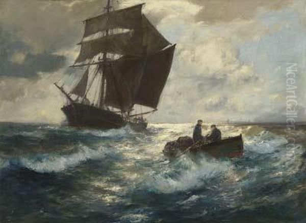 Ruderer Vor Einem Segelschiff Oil Painting by Franz Muller-Gossen