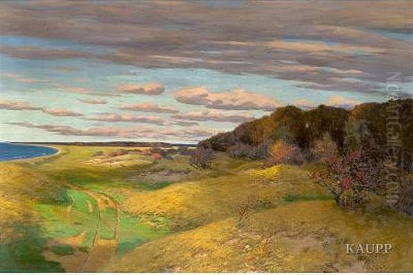 Kustenlandschaft An Der Ostsee 
Unter Tief Hangendencumuluswolken Mit Grasbewachsenen Sandhugeln Und 
Dichtem Wald Amrechten Bildrand Oil Painting by Paul Muller-Kaempff