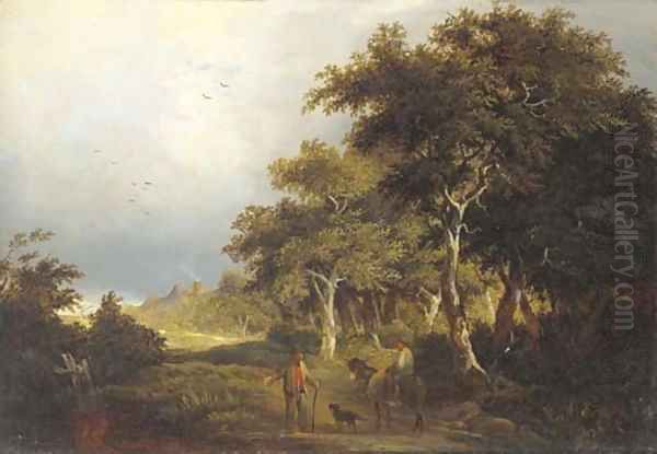 Figures on a path in a wooded landscape Oil Painting by Edward Charles Williams