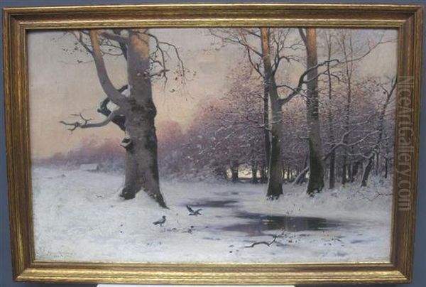 Forest Landscape In Winter Oil Painting by Konrad Mueller-Kuerzwelly