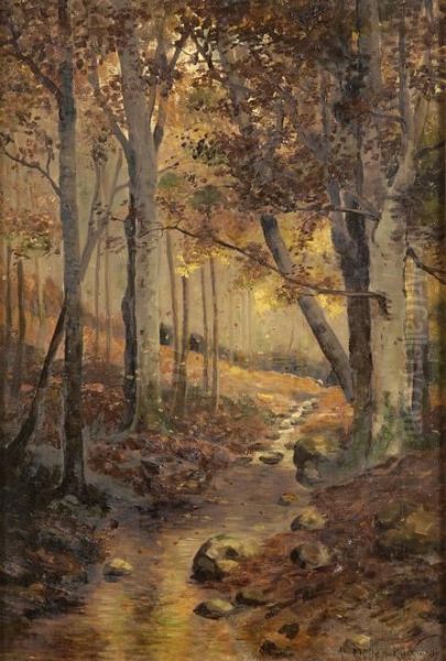 Waldlandschaft Mit Bachlauf. Oil Painting by Konrad Mueller-Kuerzwelly