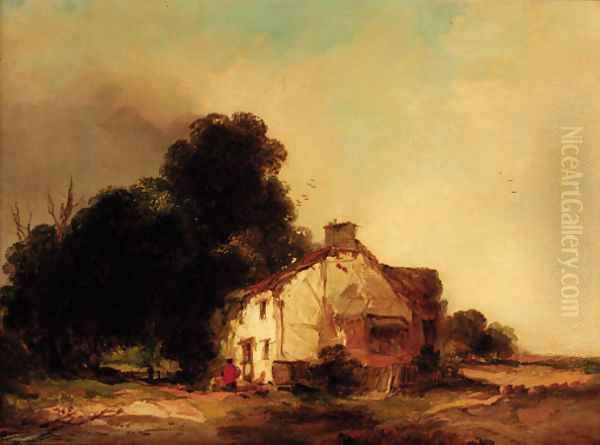 Figures before a cottage in a wooded landscape Oil Painting by Edward Charles Williams