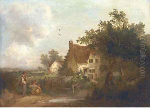 Figures by a cottage Oil Painting by Edward Charles Williams