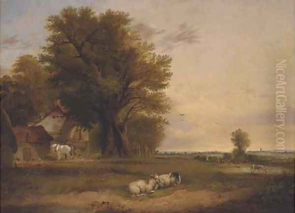 Sheep and cattle in a summer landscape Oil Painting by Edward Charles Williams