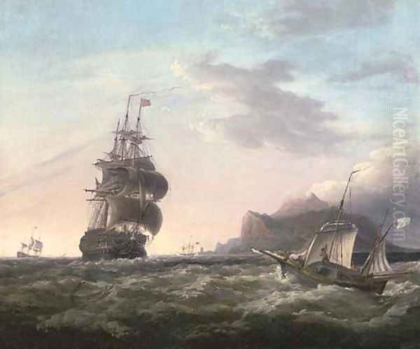 A crowded '74' under reduced sail running past Gibraltar Oil Painting by George Webster