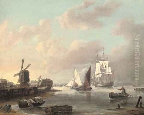 A merchant frigate and smaller traders running up the Thames estuary heading for London Oil Painting by George Webster