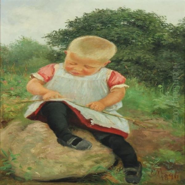 Little Girl Playing With A Stick Oil Painting by Emilie Mundt