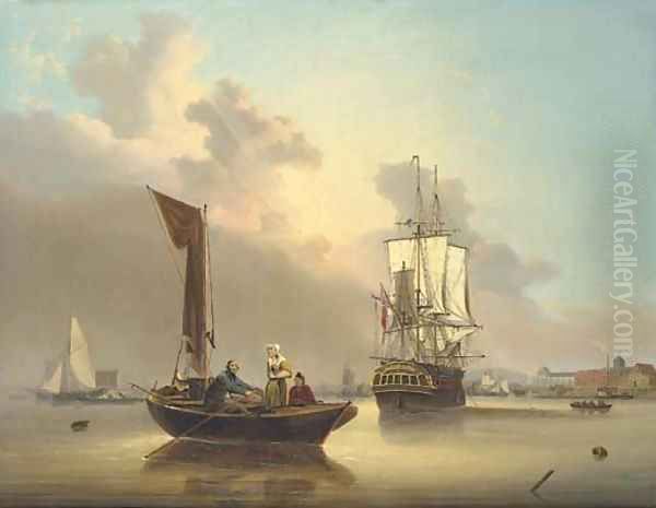 A frigate at anchor amidst local craft, including a doble, on the Medway Oil Painting by George Webster