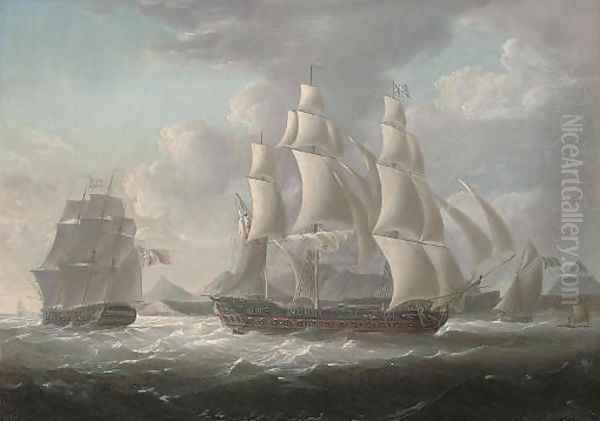 Royal Naval frigates and an armed cutter off a West Indian island, believed to be Martinique, with a native raft offshore Oil Painting by George Webster