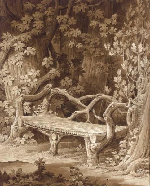 A Rustic Bench Built Of Roots Set Among Trees Oil Painting by Amelie Munier-Romilly