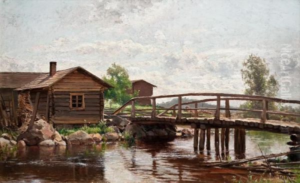 Morning Atmosphere By The River Oil Painting by Hjalmar (Magnus) Munsterhjelm