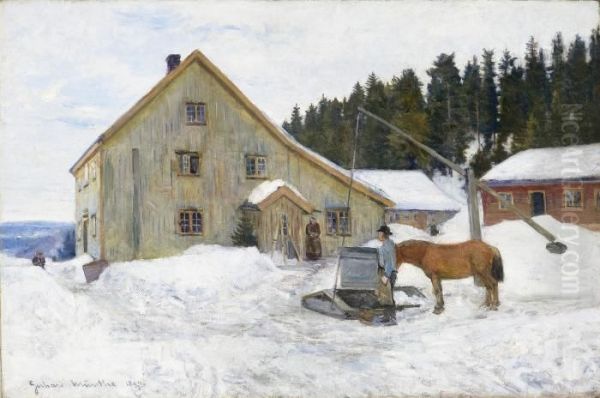 Farmyard, Winter Oil Painting by Gerhard Peter Frantz Munthe