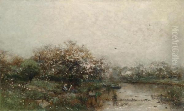 Two Women In A Blossoming Landscape With Pond Oil Painting by Ludwig Munthe