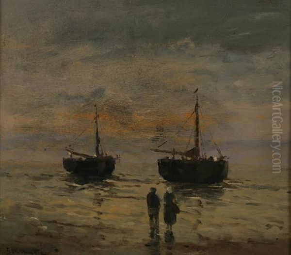 Fishing Boats Oil Painting by Gerhard Arij Ludwig Morgenstje Munthe