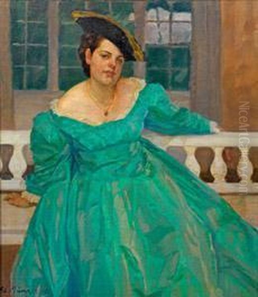 Junge Dame In Grunemkleid by Adolf Munzer