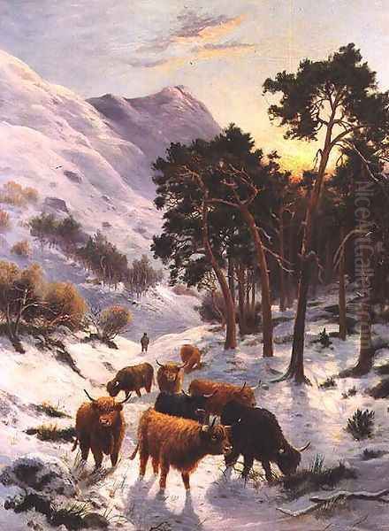 Highland Cattle in a Winter Landscape Oil Painting by Charles Watson