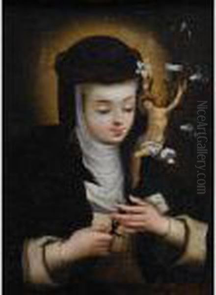 St. Catherine Of Siena With Lilies And A Miniature Crucifix Oil Painting by Bartolome Esteban Murillo