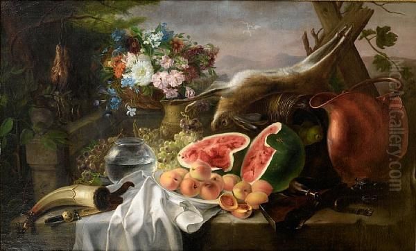 Still Life With A Watermelon, Apricots, Grapes, Flowers And A Hare Oil Painting by Jose Maria Murillo Y Bracho