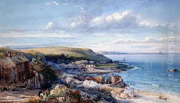 A Mounts Bay Fishing Village (Mousehole) 1860 Oil Painting by George Wolfe