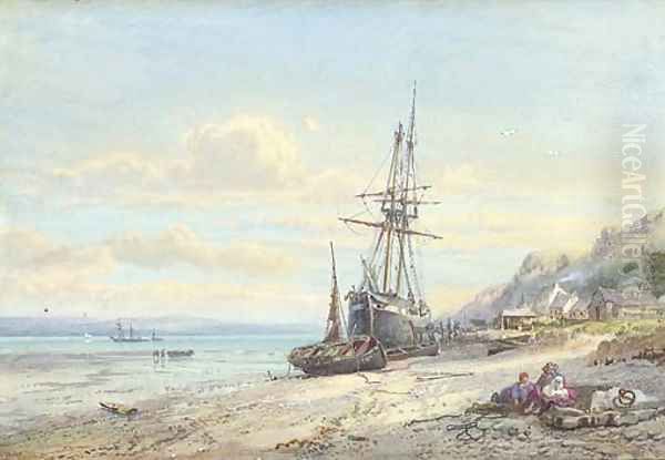 A moored tallship in a river estuary, Britain, children playing in the foreground Oil Painting by George Wolfe