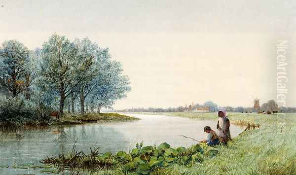 Children Playing By A River, A Village Beyond Oil Painting by George Stanfield Walters