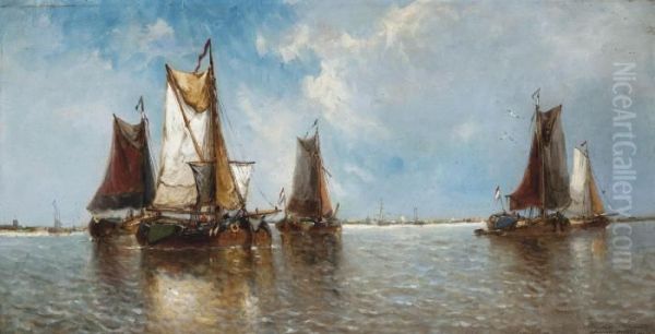 Barges On The Scheldt At Baesrode, Belgium Oil Painting by Auguste Henri Musin