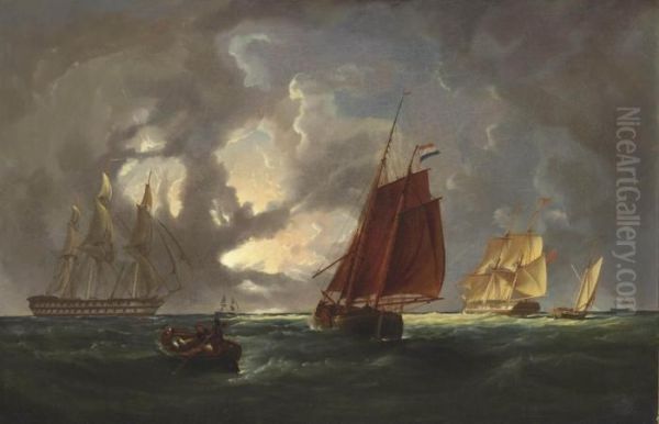 Warships And Other Shipping In A Thunderstorm Oil Painting by Francois Etienne Musin