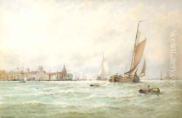 Fishing vessels off Dordrecht harbour Oil Painting by George Stanfield Walters