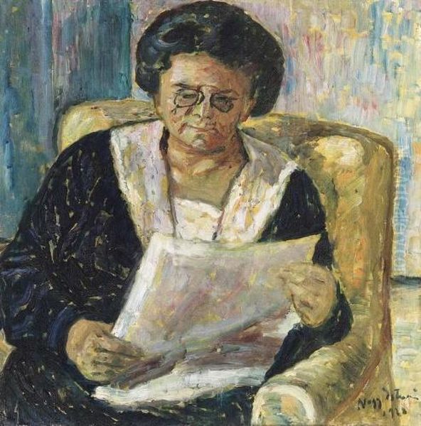 Reading A Newspaper Oil Painting by Istvan Nagy