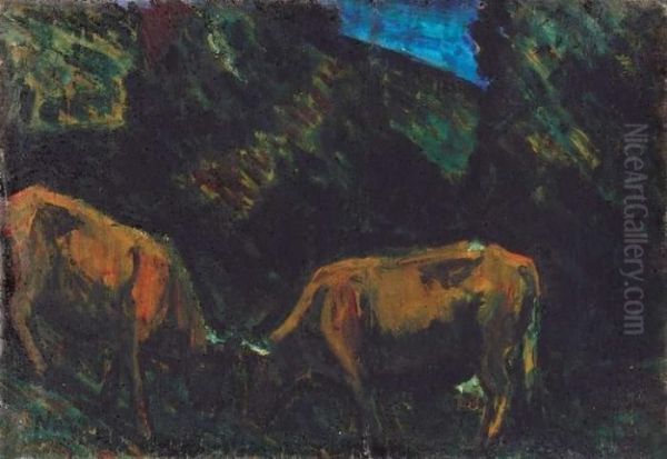 Landscape In Transsylvania (cows), About 1925 Oil Painting by Istvan Nagy