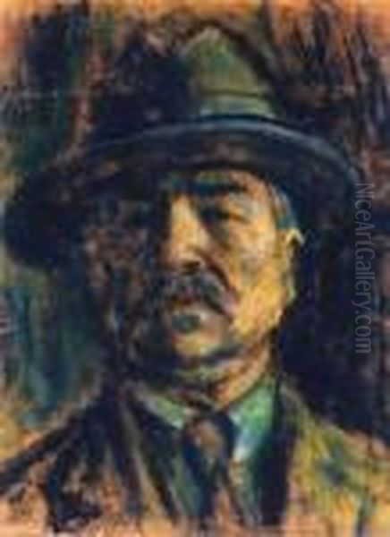 Self - Portrait With Hat Oil Painting by Istvan Nagy