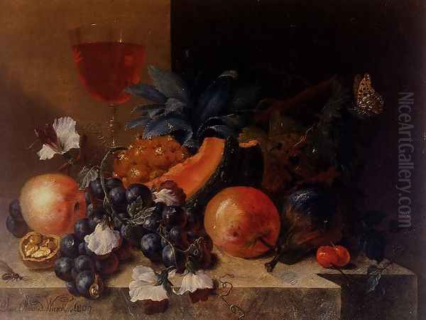 Still Life Of Fruit And Nuts With A Wine Glass All Resting On A Ledge Oil Painting by Johann Amandus Wink