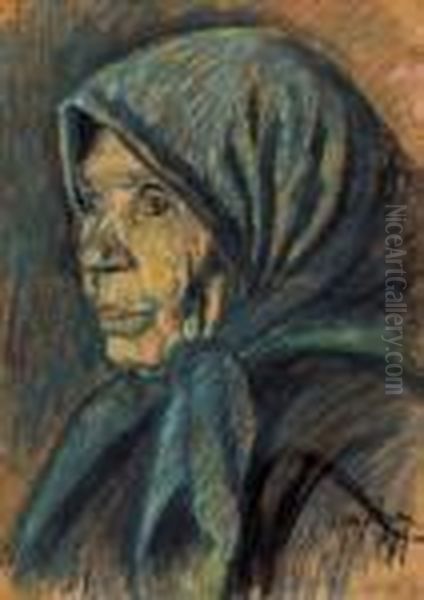 Woman With Blue Shawl Oil Painting by Istvan Nagy