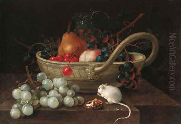 Grapes, pears and other fruit in a bowl, with a mouse eating a hazlenut on a ledge and Oil Painting by Johann Amandus Wink